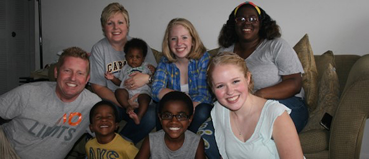 A host family involved with Safe Families for Children pauses with the children they hosted and their biological mother. Front, from left, Shane Whybrew, Jeremiah, Kaleb and Sadie. Rear, from left, Kris Whybrew, Jayce, Lily and Shanice Watkins. (Submitted photo)