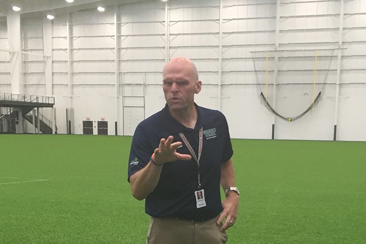 Todd Burtron introduces the Hamilton County Leadership Academy to the Grand Park Events Center last month. (Photo by Adam Aasen)