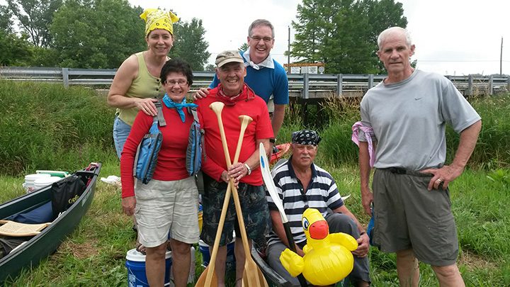 From left, Jill Robertson, Connie Shaver, Dave Shaver, Mike Robertson, Mike Leslie and Steve Haines in 2014 as they prepare to begin the journey to canoe the entire Wabash River. (Submitted photo)