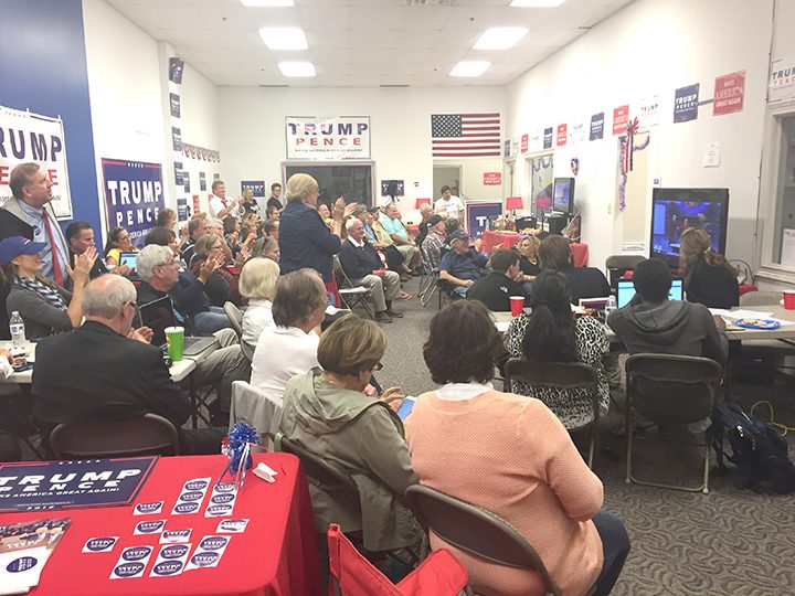 Donald Trump supporters gather at the candidate’s campaign office in Carmel to watch his debate against Democratic nominee Hillary Clinton. (Photo by Adam Aasen)
