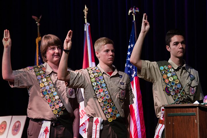 From left, Bryce Castle, Luke Hamachek and Sebby Thatcher take their oath at the Eagle Scout ceremony. (Submitted photo)