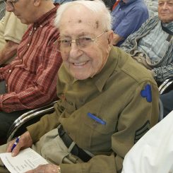 Charlie Schweitzer, a 99-year-old veteran who served in Gen. George S. Patton’s Seventh Army, was the oldest veteran to be honored during the ceremony at the Barrington of Carmel. (Photo by Heather Collins)