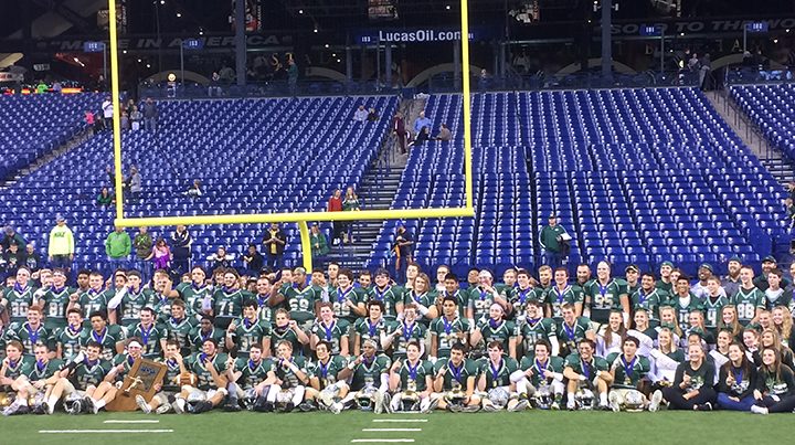 Westfield football team celebrates its Class 5A state title Nov. 26 at Lucas Oil Stadium. (Photo by Mark Ambrogi)