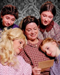 (Back, from left) Emily Stucky as Jo, Alli Sullivan as Meg, (Front, from left) Lucy Gregory as Amy, Leanne Piper as Marmee and Mara Lusk as Beth. (Photo by Roger Manning.)