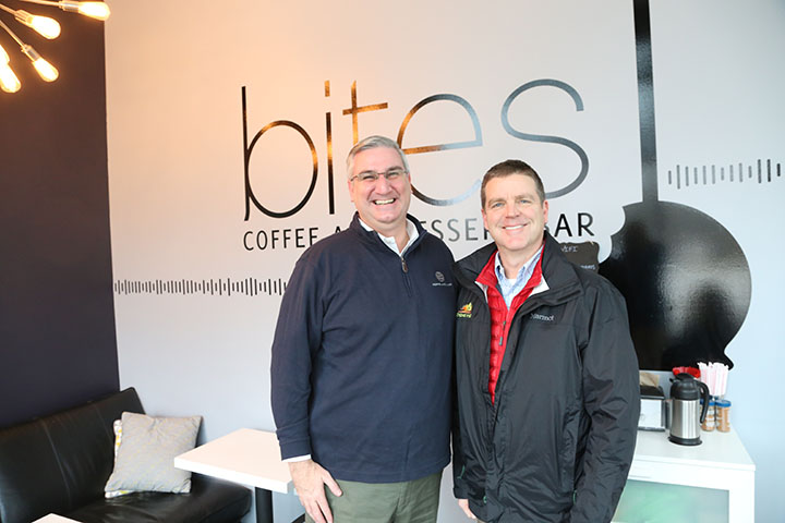 Indiana Gov. Eric Holcomb and Zionsville Mayor Tim Haak at Bites coffee and dessert bar Feb. 3. (Photo by Ann Marie Shambaugh)