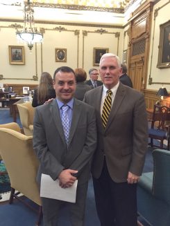 In December 2016, Ali Al-Rawi met then-Gov. Mike Pence when he visited his office to represent refugees in Indiana. Pence had attempted to block aid to Syrian refugees at the state level, but his policy was ruled unconstitutional in court. (Submitted photo)