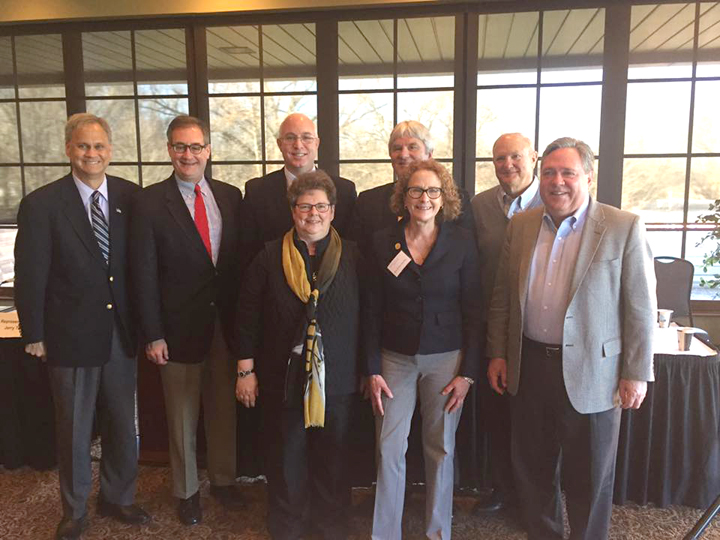 From left, State Sen. Jim Merritt, State Sen. John Ruckelshaus, State Sen. Mike Delph, State Rep. Tony Cook, State Sen. Luke Kenley, State Rep. Kathy Richardson, State Rep. Donna Schaibley and State Rep. Jerry Torr at the breakfast. (Photo by Adam Aasen)