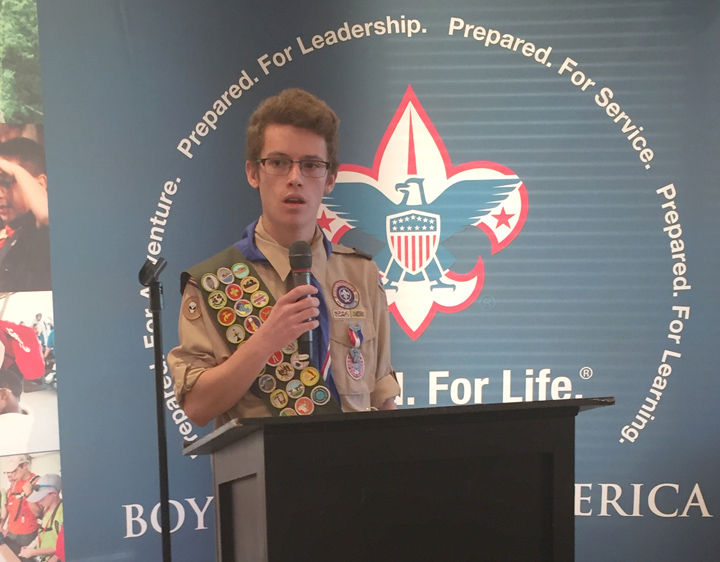 Eagle Scout Mack Bentivoglio, of Troop 152, tells stores of his Scouting experience at the event. (Photos by Anna Skinner)