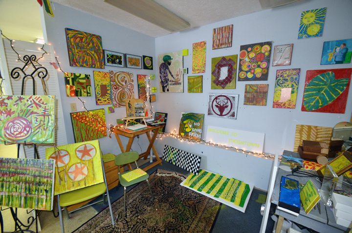 Inside Salewicz’s work space at Sugar Creek Art Center in Thorntown. (Photo by Sara Baldwin)