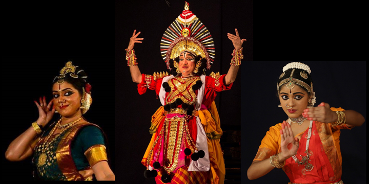 From left, Aparna Satheesan, Kuchipudi dancer, Rajendra Kedlaya, Yakshagana dancer, and Jwala Rejimon, Bharatanatyam dancer. (Submitted photo)