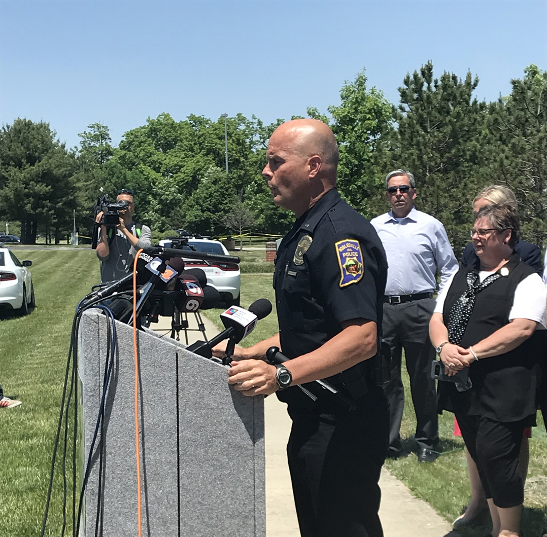 Lt. Bruce Barnes gives an update during a media conference in front of Noblesville West Middle School. (Photo by Anna Skinner)