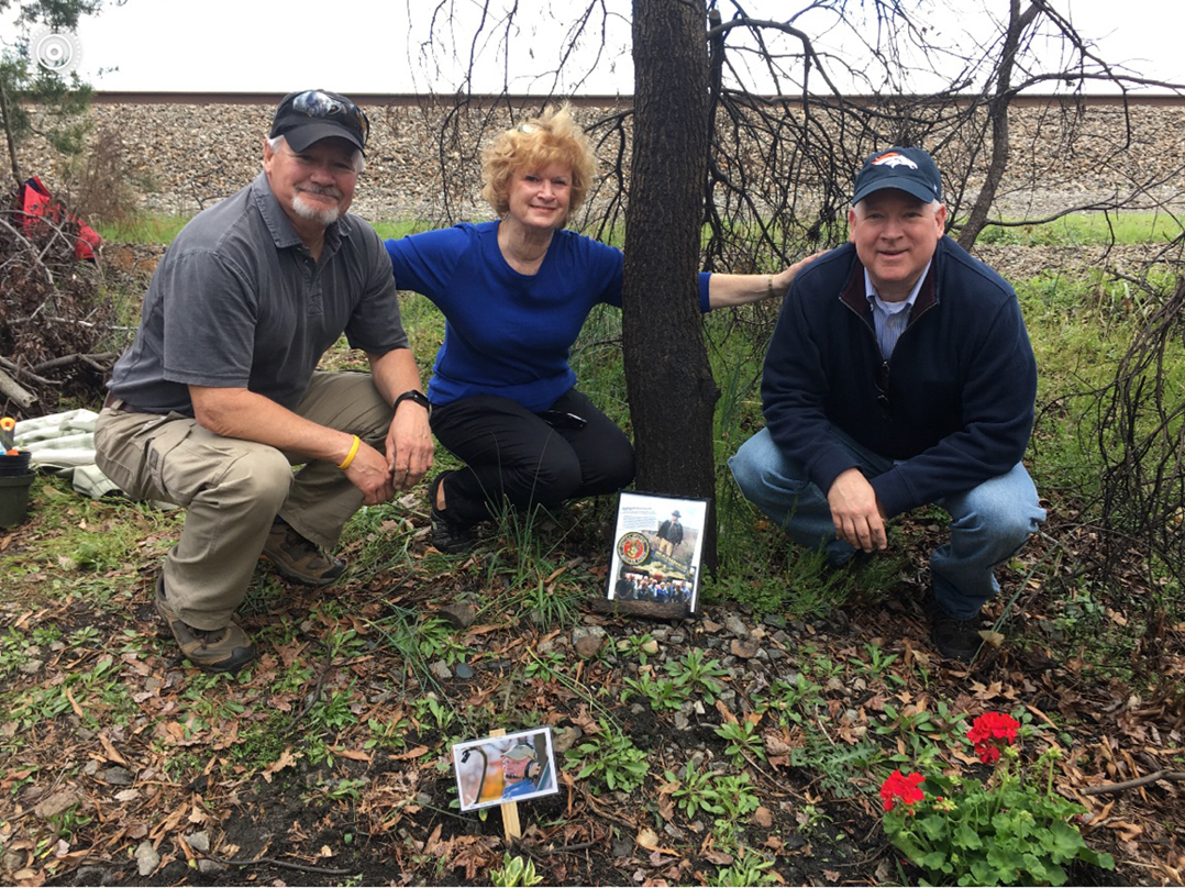 From left, Jay Hamerstadt, Margo Finney and Jim Hamerstadt pause at the site of a plane crash where their brother, Bill Hamerstadt, died in 2016. (Submitted photo)