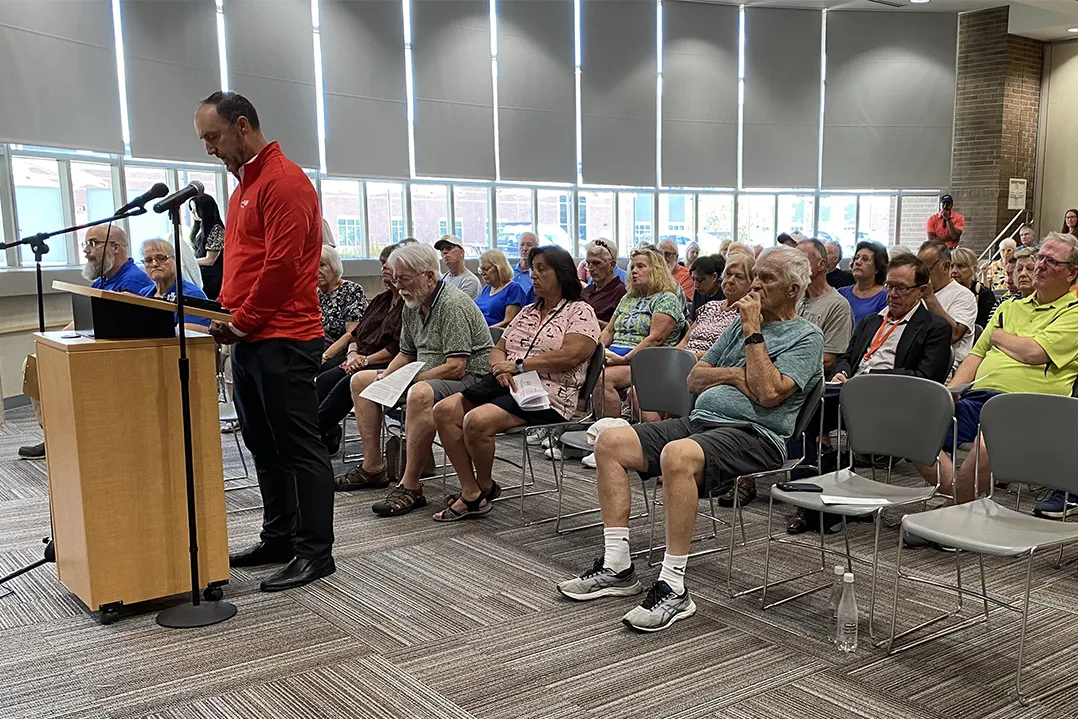 Fishers resident Jason Tomcsi testifies on behalf of AARP and older Indiana residents during the June 27 field hearing related to the Duke Energy rate increase request. (Photo by Leila Kheiry)