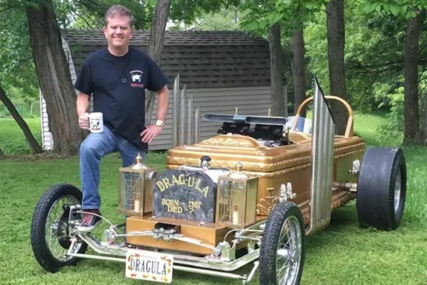 Butch Patrick with the Drag-u-la, which was Grandpa Munster’s car. (Photo courtesy of Butch Patrick)