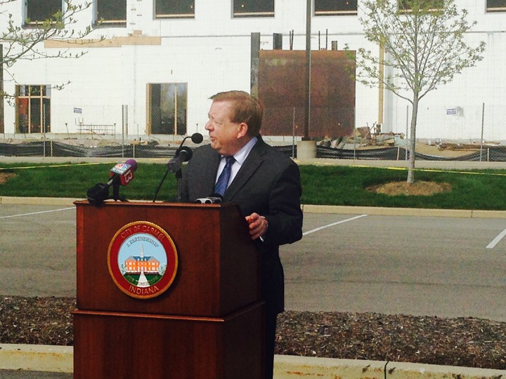 Mayor Jim Brainard speaks at the construction site of Drury Hotel at 96th and Meridian. (Photo by Adam Aasen)
