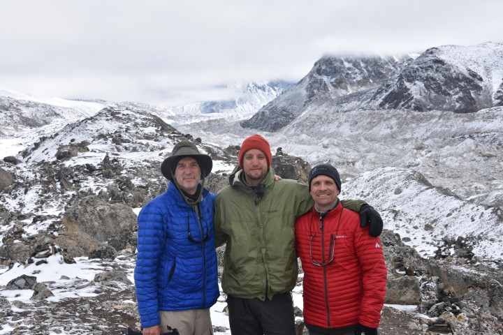 From left to right is Glenn Moehling, Mark Moehling and Mike Myers in the Himilayas. “Everest Base Camp is well behind us here with about a three-hour hike needed to get there.  Elevation here is 16,300 feet,” Glenn stated about the photo. (Submitted photo)