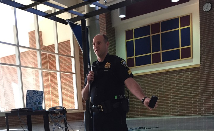Sgt. Phil Hobson explains the dangers behind new mobile applications available and popular amongst teens. (Photo by Anna Skinner)